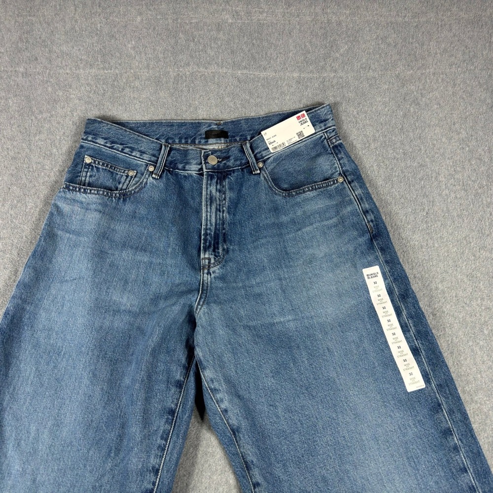 Uniqlo Womens Baggy Jeans 32 Wide Fit Straight Blue Denim 100% Cotton NWT